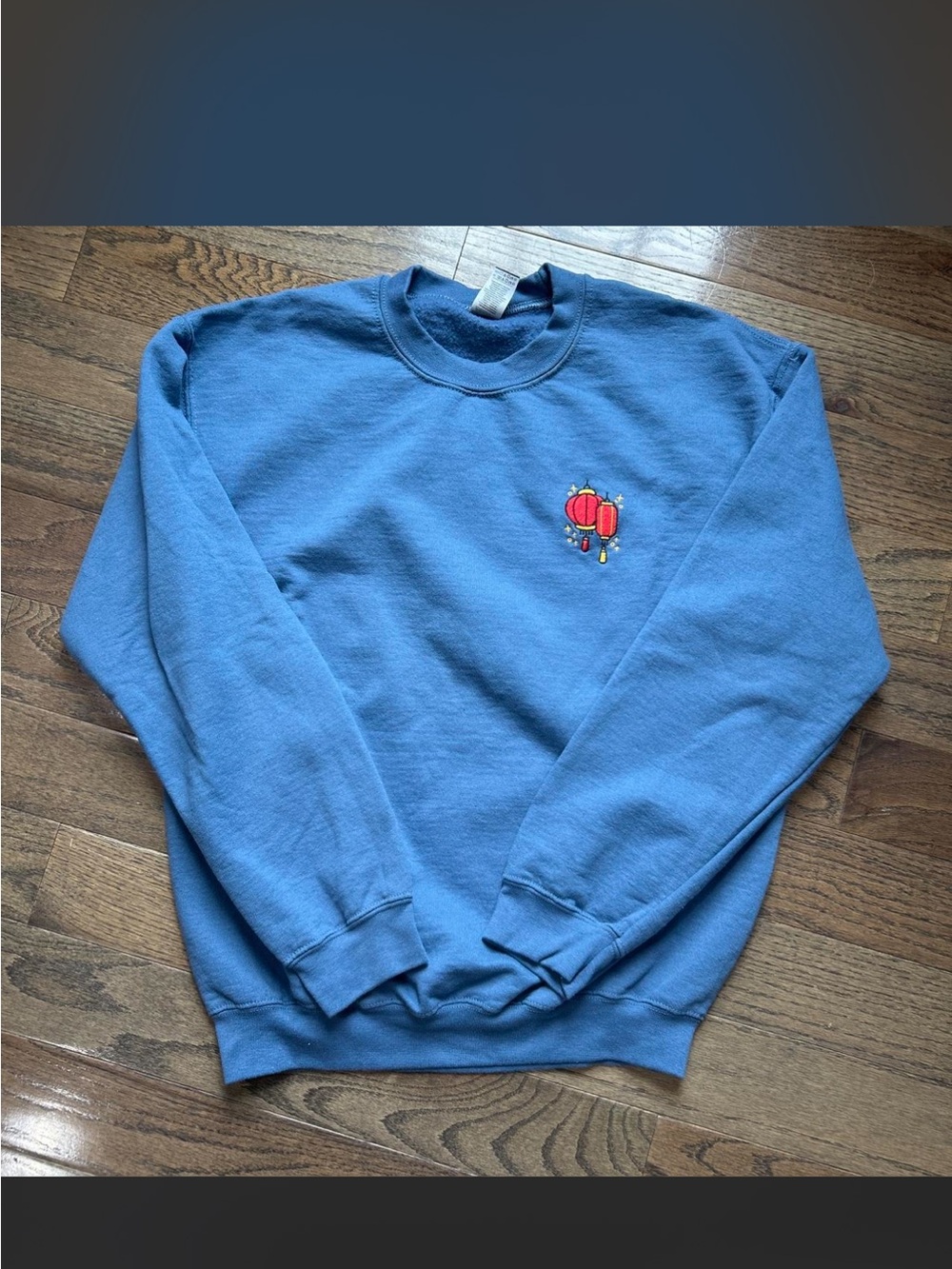 Women's Blue Crewneck Sweatshirt with Red Lantern Embroidery